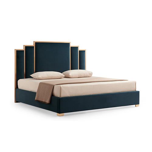 Austin Bed Frame Velvet Turquoise Fabric Padded Upholstery High Quality Slats Polished Stainless Steel Feet